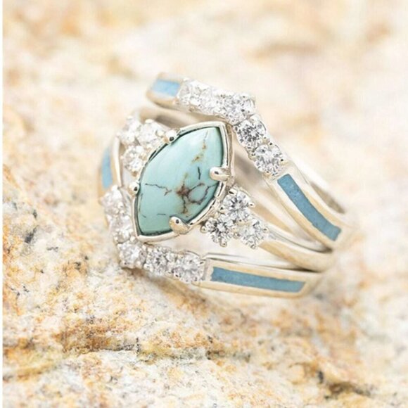 Turquoise Rhinestone Nesting 3 Ring Set Silver Tone Marquis Shape - Picture 1 of 4